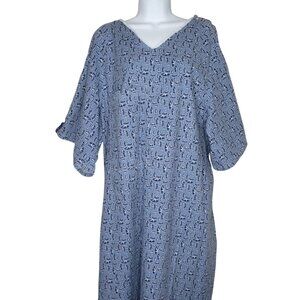 2 Blue Printed Hospital Gowns OS Adjustable with Snaps Tie Closure Cotton Polyes